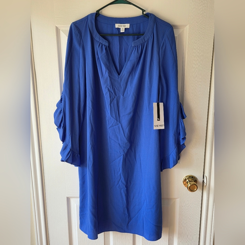 Nine West Dress Womens 14 Blue Solid Ruffle NWT $79